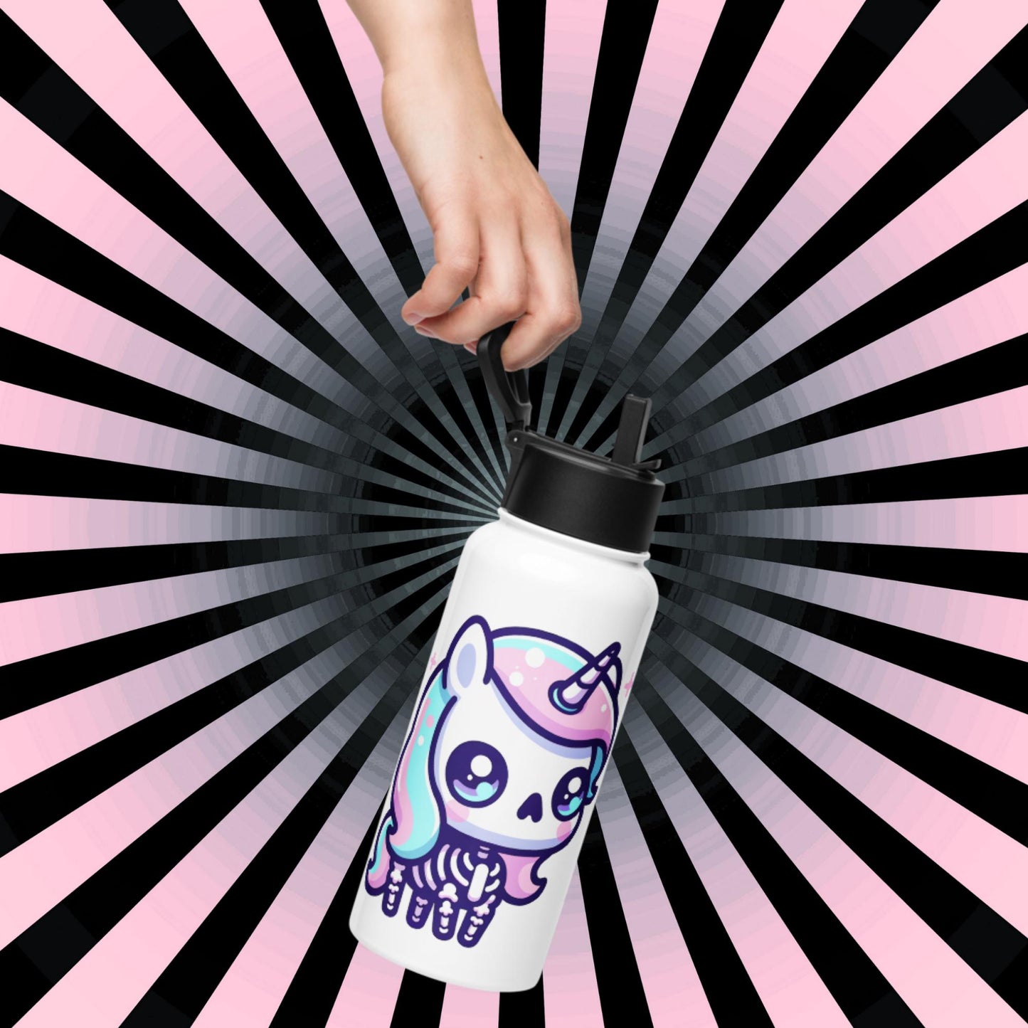 Creepy Cute Skeleton Weirdcore Pastel Grunge Unicorn Tumbler Stainless Steel Water Bottle with Straw & Lid