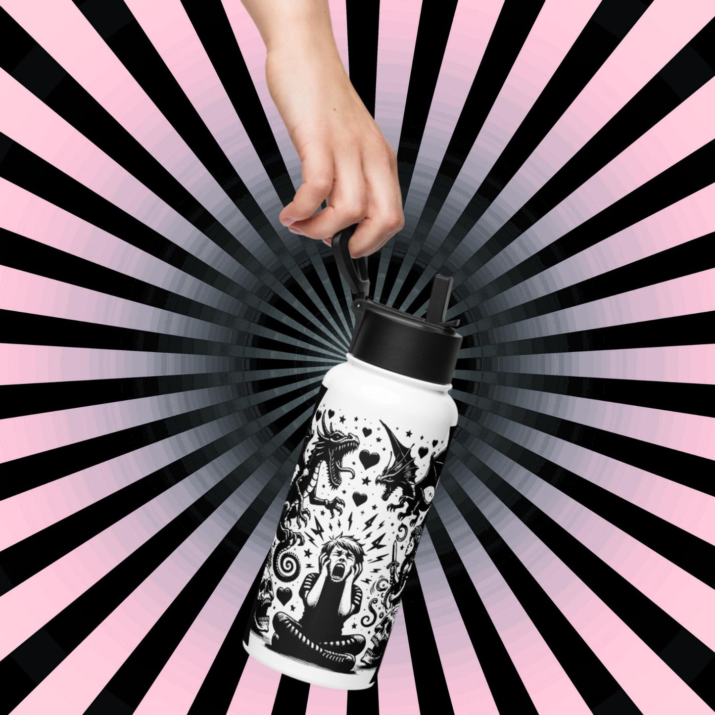 OutCry Goth Boy Screaming Broken Heart Grunge Tumbler Stainless Steel Water Bottle with Straw & Lid