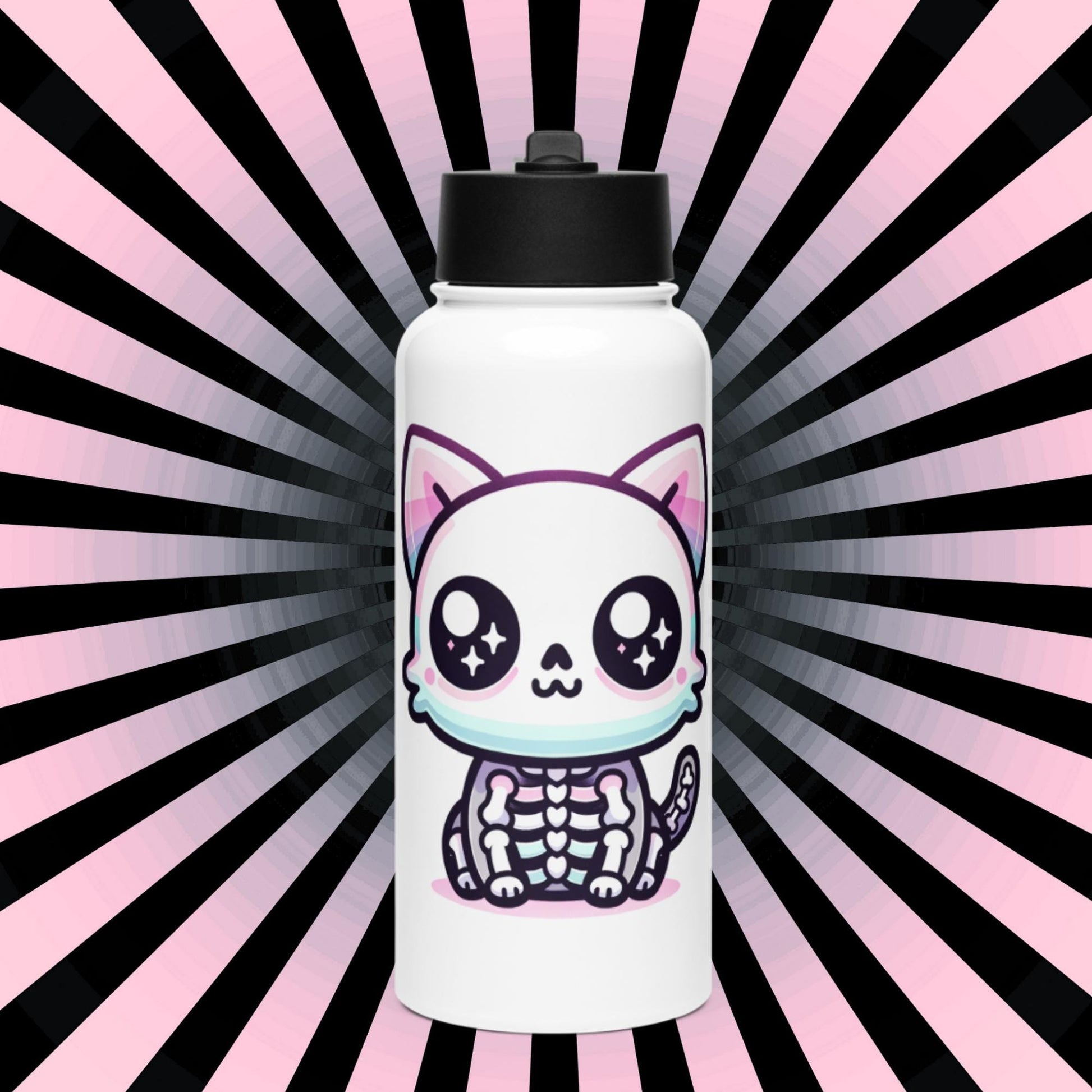 Creepy Cute Skeleton Weirdcore Pastel Grunge Kitty Cat Tumbler Stainless Steel Water Bottle with Straw & Lid