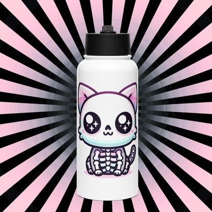 Creepy Cute Skeleton Weirdcore Pastel Grunge Kitty Cat Tumbler Stainless Steel Water Bottle with Straw & Lid