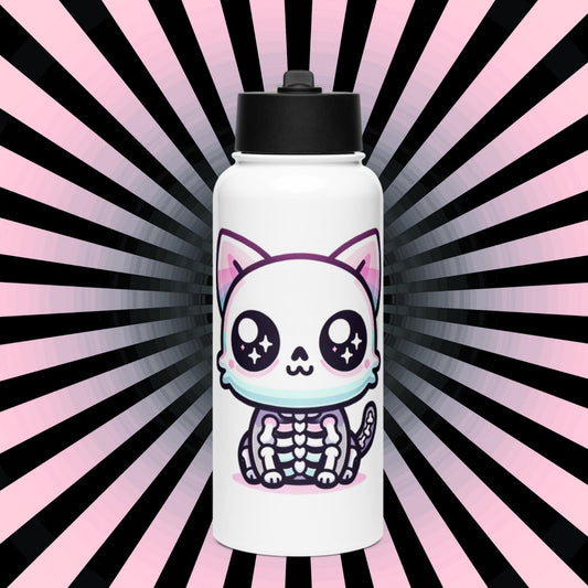 Creepy Cute Skeleton Weirdcore Pastel Grunge Kitty Cat Tumbler Stainless Steel Water Bottle with Straw & Lid