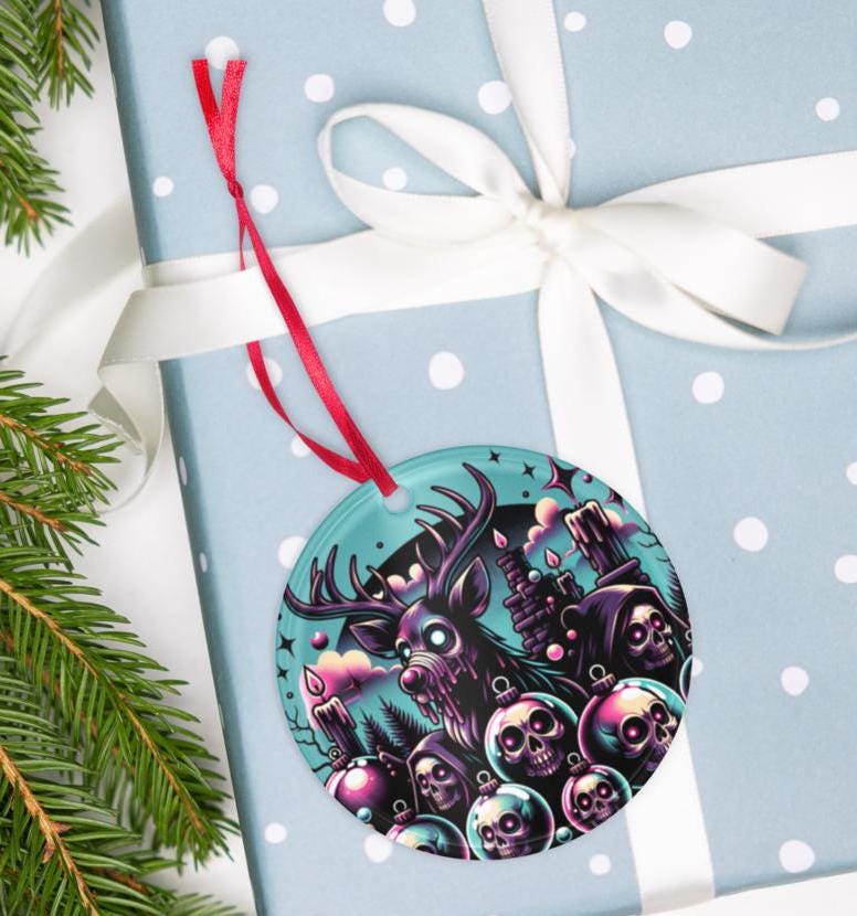 Spooky Skulls Cute Horror Holiday Christmas Haunted Reindeer Weirdcore Goth Grunge Acrylic Xmas Ornament