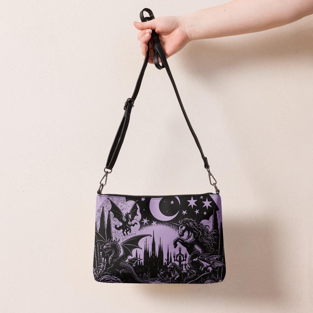 Purple Pastel Goth Scene Dragon Unicorn Clutch Bag Gothic Grunge Purse Crossbody Bag