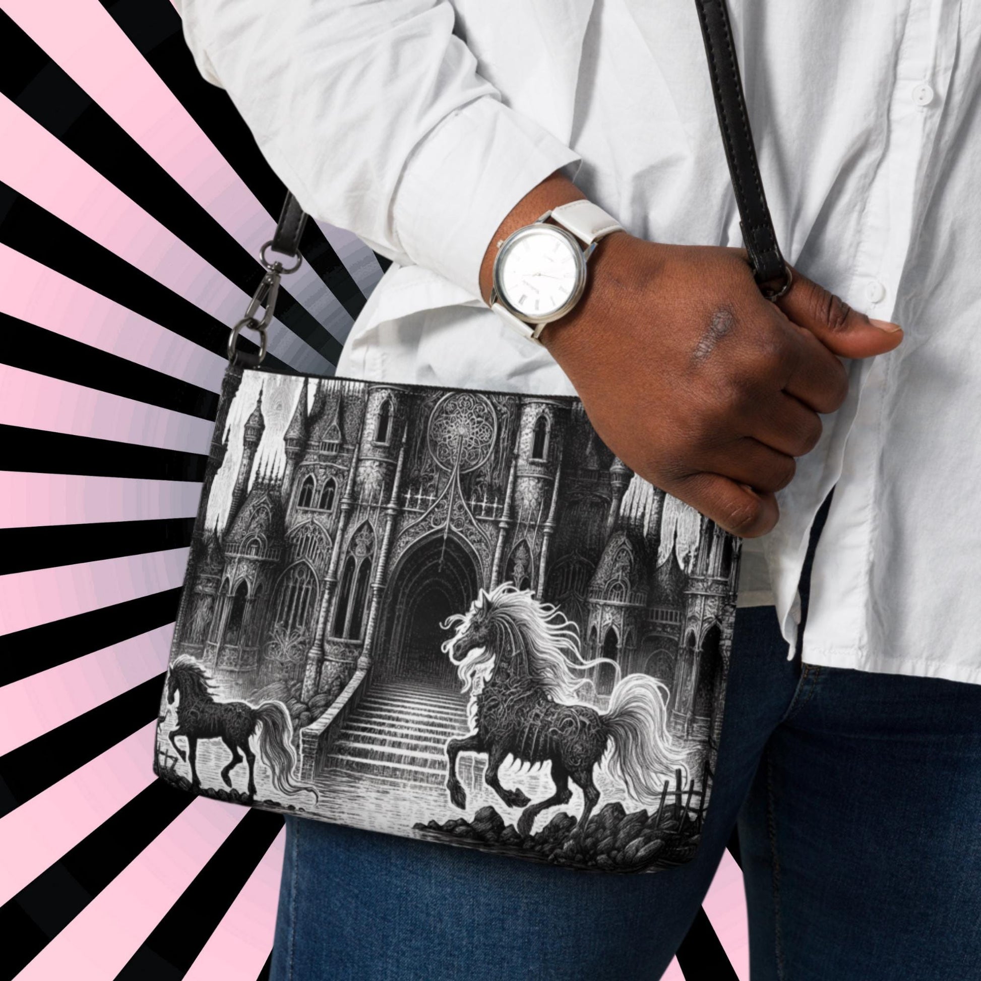 Goth Scene Horse and Castle Clutch Bag Gothic Grunge Purse Crossbody Bag
