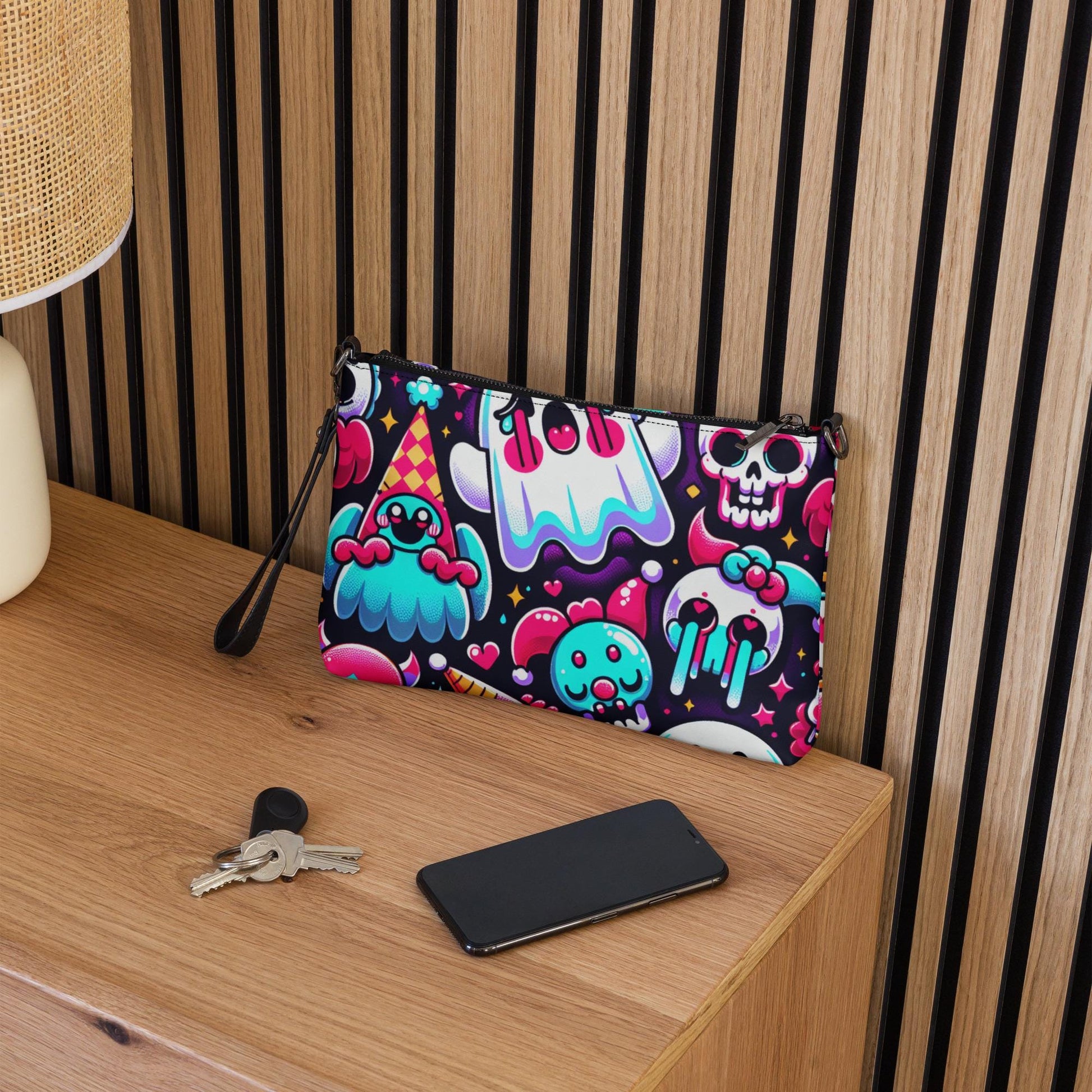 Clowncore Neon Goth Horror Punkrock Sugar Skulls Clowns Weirdcore Pastel Goth Grunge Clutch Purse Crossbody Bag