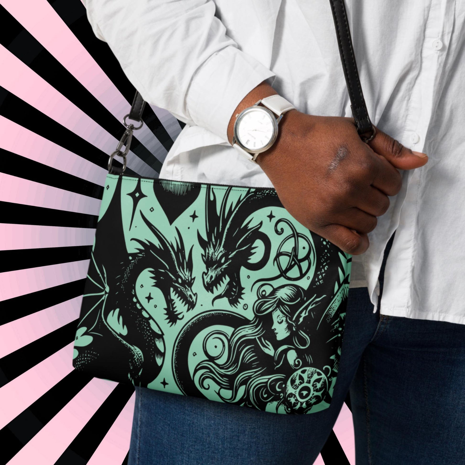 Aqua Goth Skulls Fairy and Dragons Weirdcore Dreamscape Punkrock Clutch Bag Gothic Grunge Purse Crossbody Bag