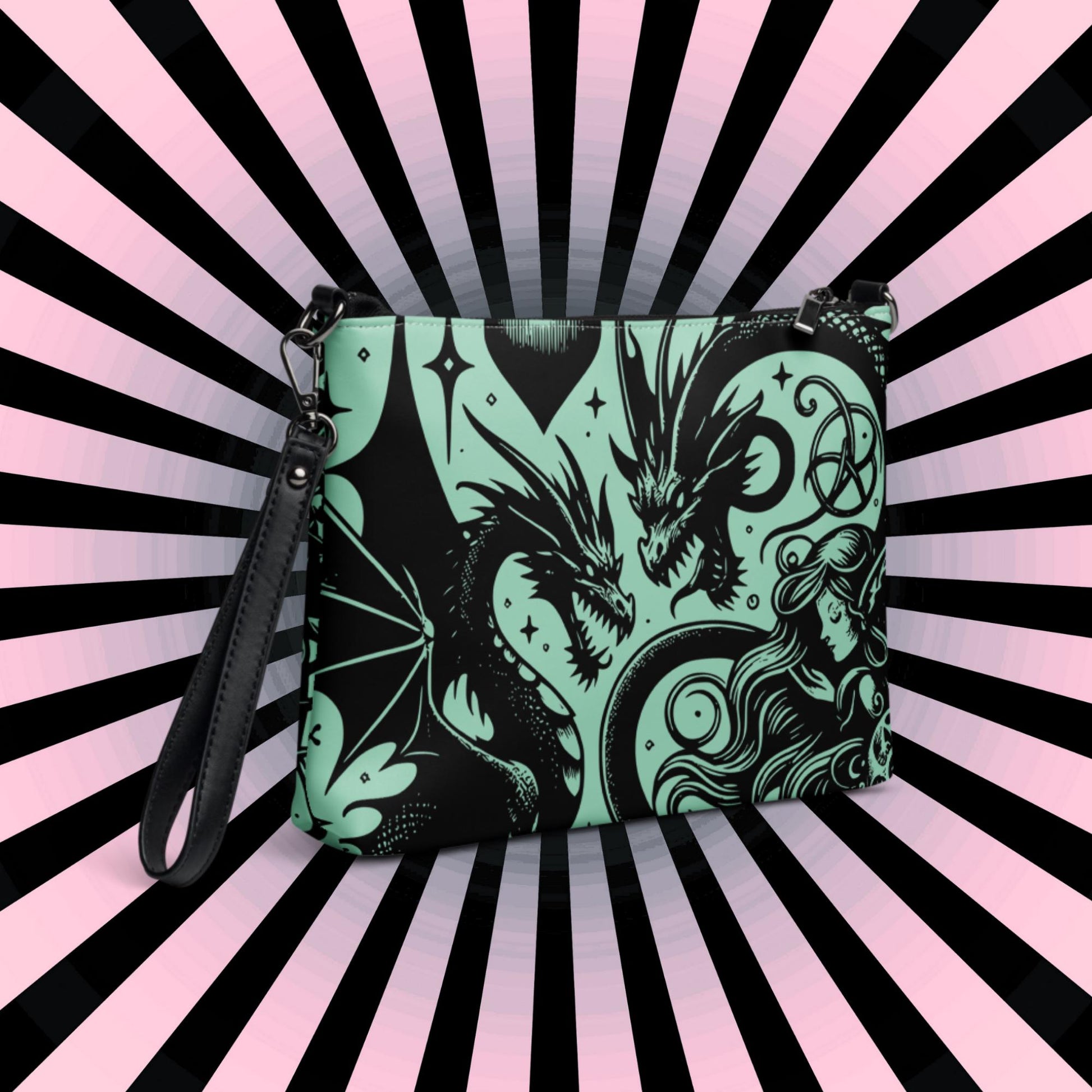 Aqua Goth Skulls Fairy and Dragons Weirdcore Dreamscape Punkrock Clutch Bag Gothic Grunge Purse Crossbody Bag