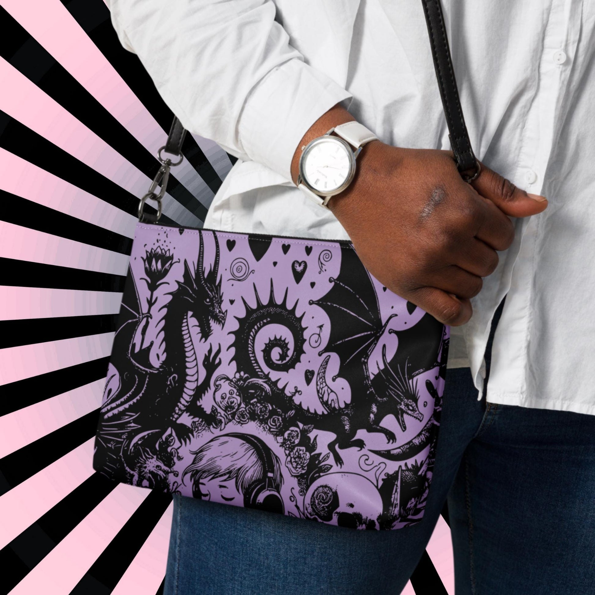 Purple Pastel Goth Kid Boy Drowning Out the Demons Weirdcore Dreamscape Punkrock Clutch Bag Gothic Grunge Purse Crossbody Bag