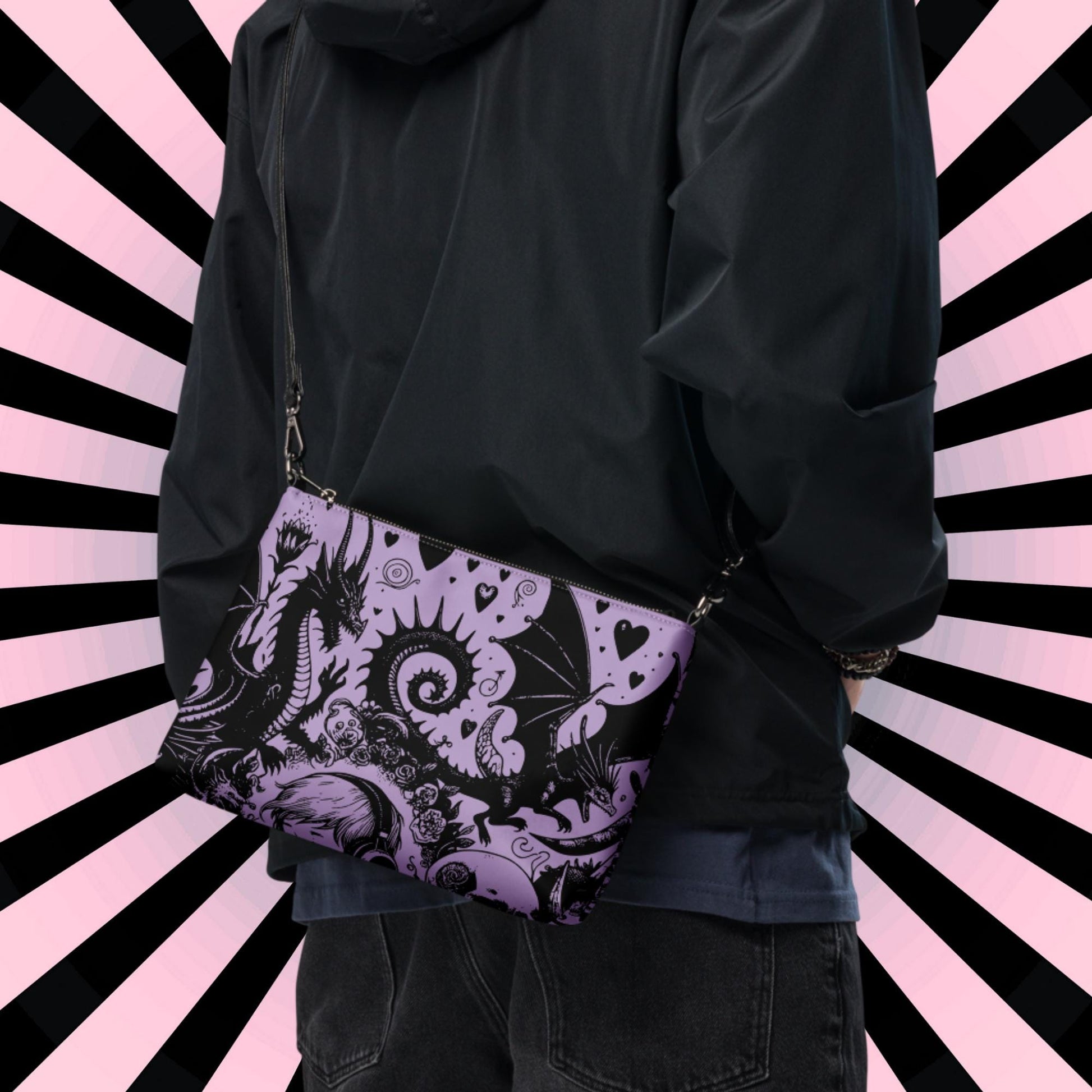 Purple Pastel Goth Kid Boy Drowning Out the Demons Weirdcore Dreamscape Punkrock Clutch Bag Gothic Grunge Purse Crossbody Bag