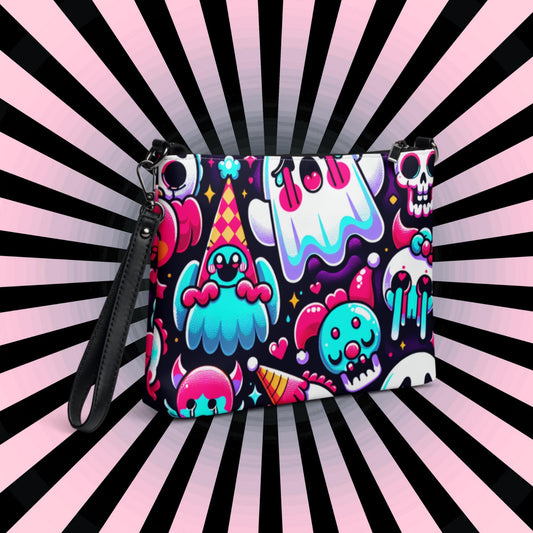 Clowncore Neon Goth Horror Punkrock Sugar Skulls Clowns Weirdcore Pastel Goth Grunge Clutch Purse Crossbody Bag