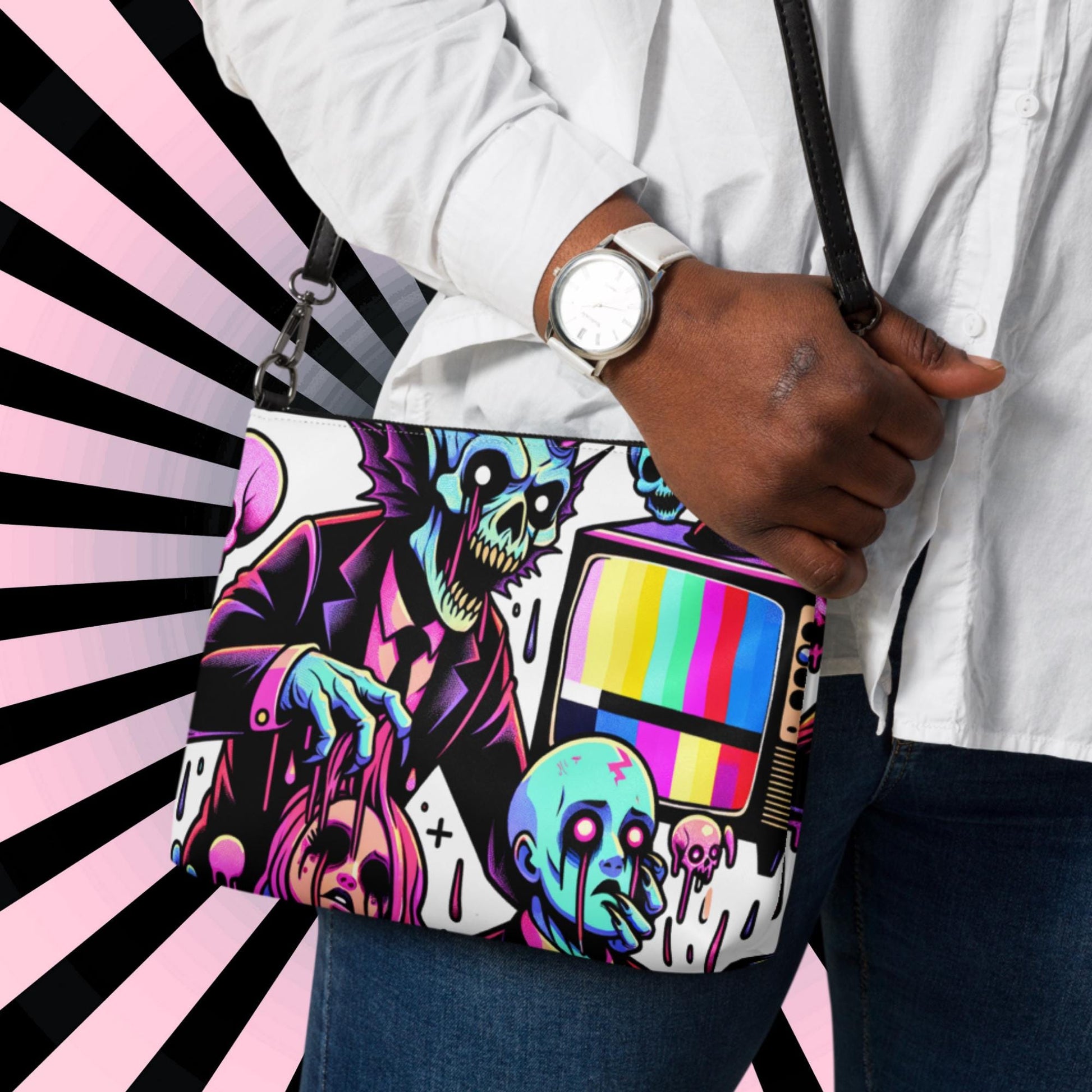 Weirdcore Pastel Goth Scene Zombie TV Punkrock Clutch Bag Gothic Grunge Purse Crossbody Bag