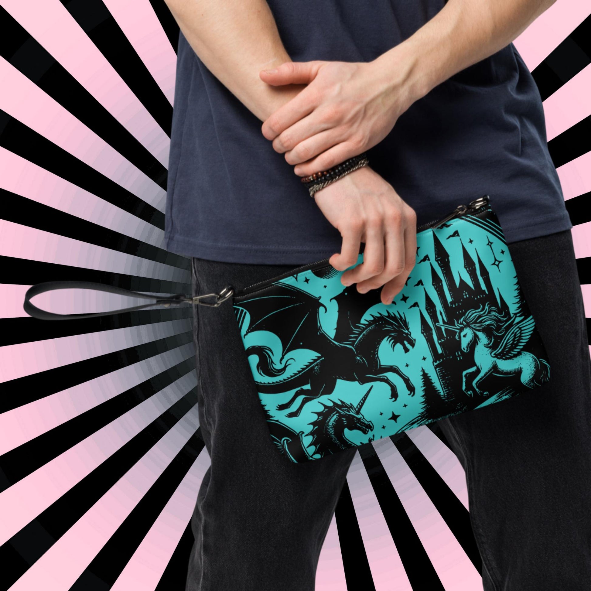 Teal Pastel Goth Scene Dragon Unicorn Clutch Bag Gothic Grunge Purse Crossbody Bag