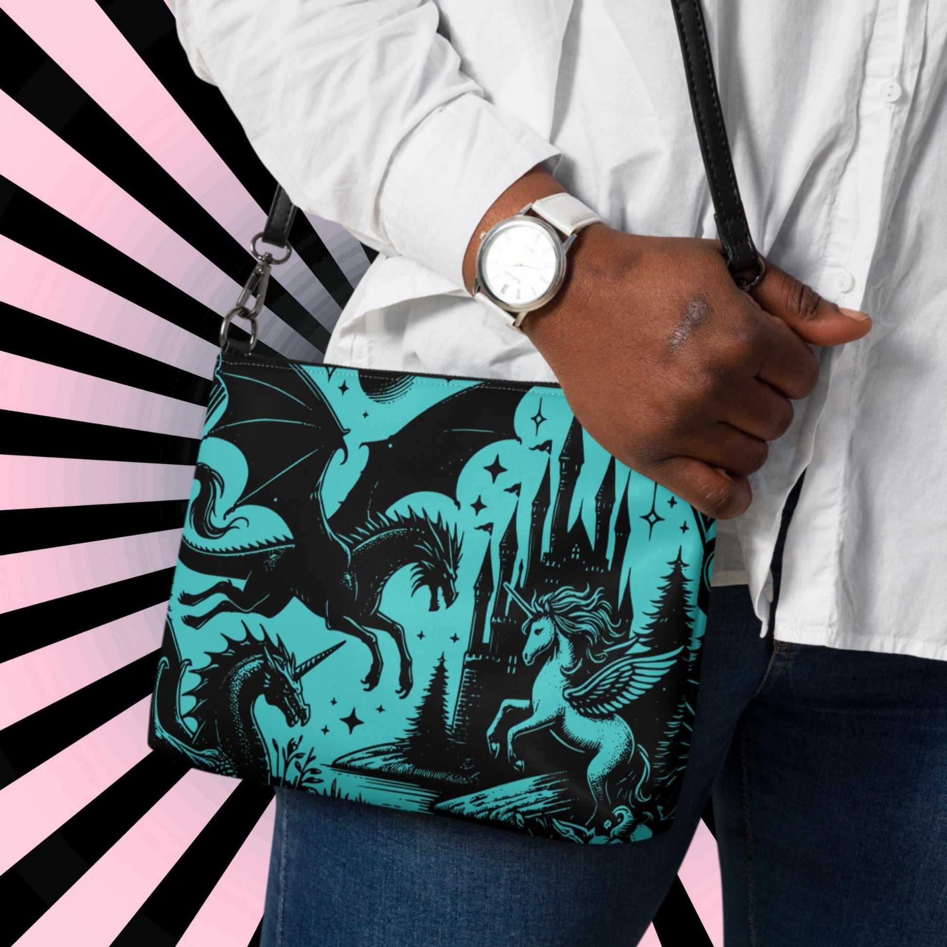 Teal Pastel Goth Scene Dragon Unicorn Clutch Bag Gothic Grunge Purse Crossbody Bag