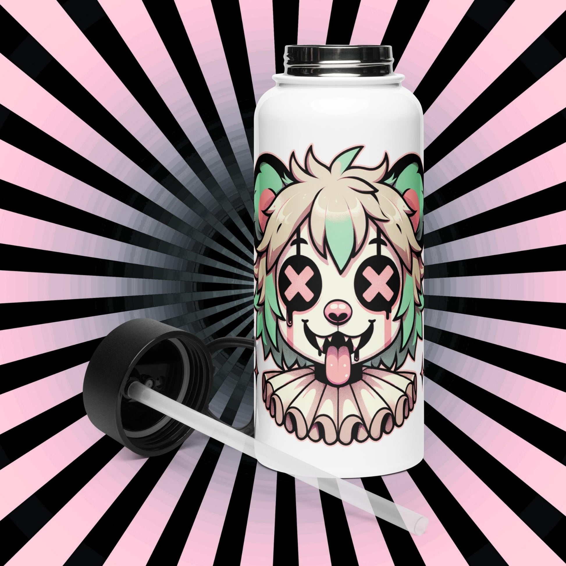 Creepy Cute Weirdcore Gore Hyena Clown Clowncore Grunge Pastel Goth White Stainless Steel Water Bottle with Straw & Lid