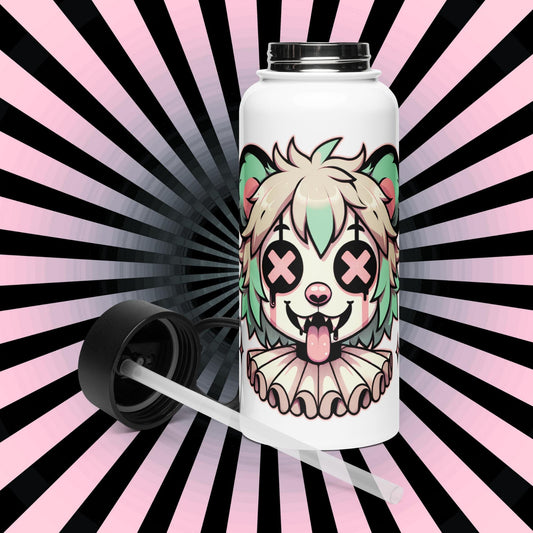 Creepy Cute Weirdcore Gore Hyena Clown Clowncore Grunge Pastel Goth White Stainless Steel Water Bottle with Straw & Lid