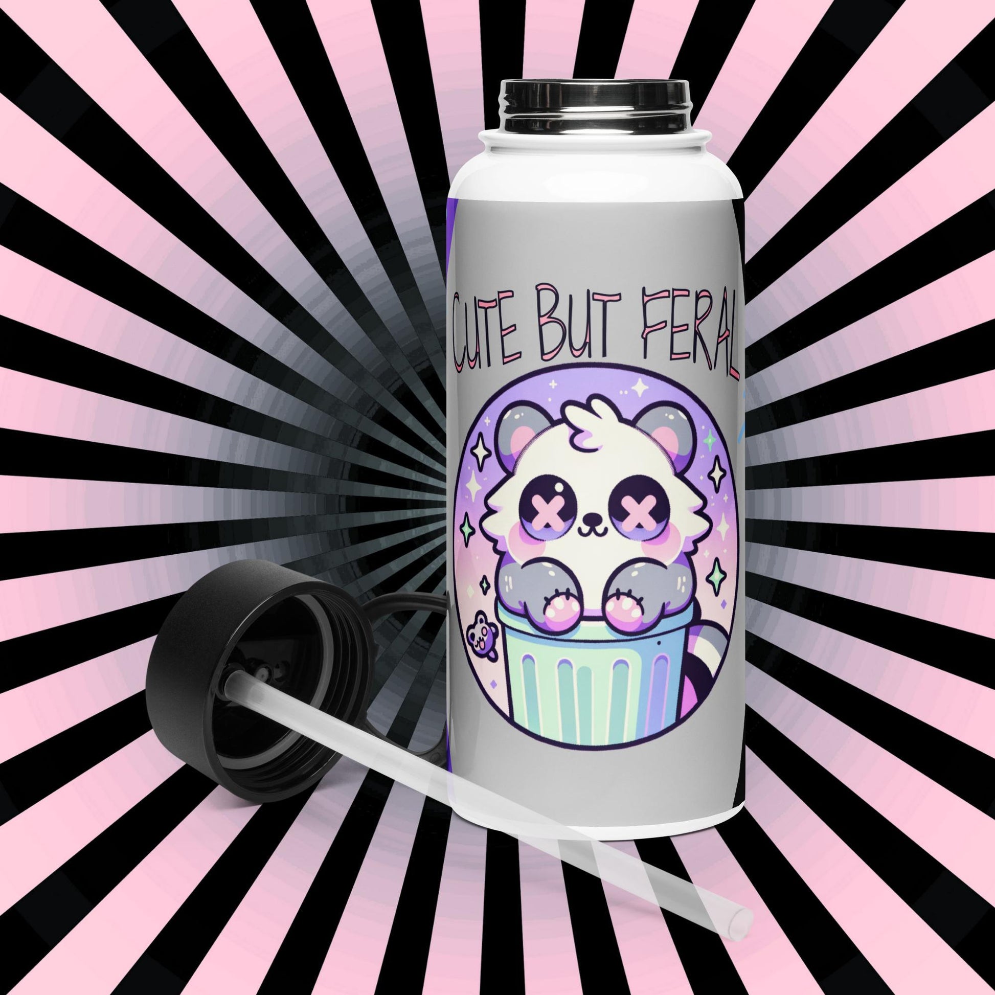 Cute But Feral Weirdcore Raccoon Pastel Grunge Goth Tumbler Stainless Steel Water Bottle with Straw & Lid