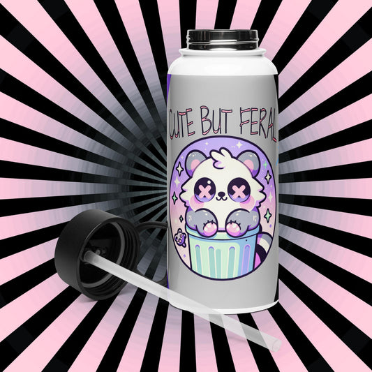 Cute But Feral Weirdcore Raccoon Pastel Grunge Goth Tumbler Stainless Steel Water Bottle with Straw & Lid