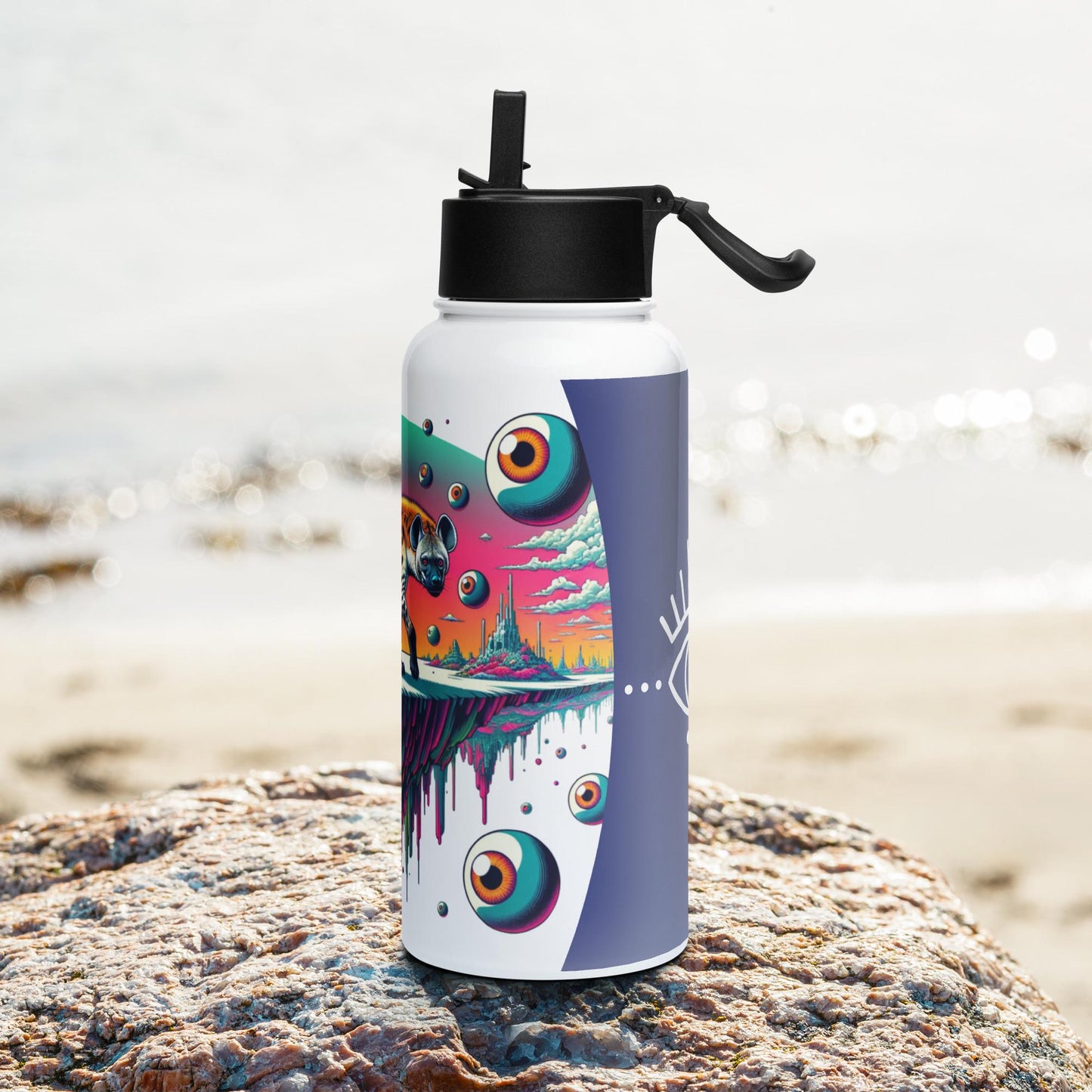 Creepy Weirdcore Hyena Floating Eyeballs Stainless Steel Water Bottle with Straw & Lid