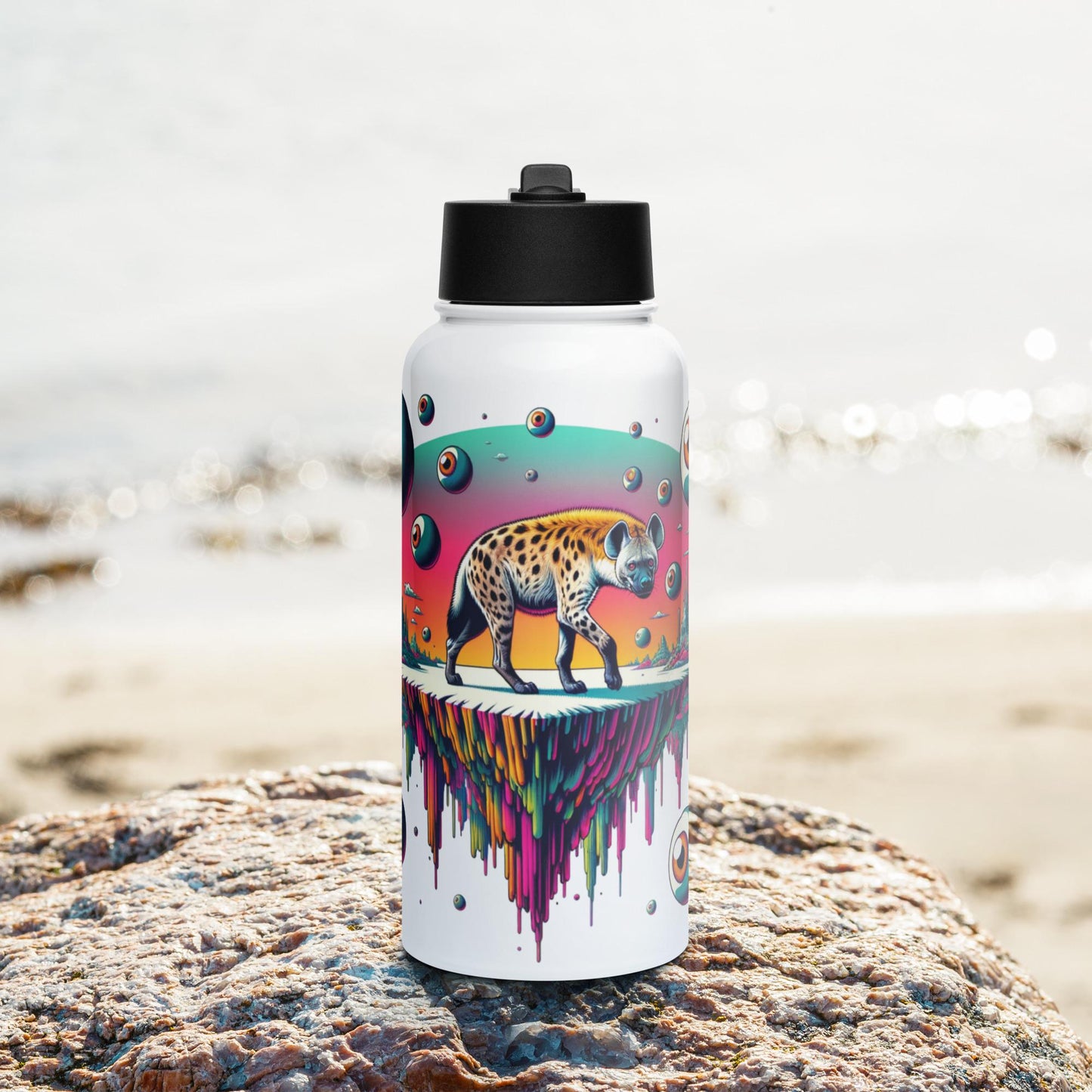 Creepy Weirdcore Hyena Floating Eyeballs Stainless Steel Water Bottle with Straw & Lid