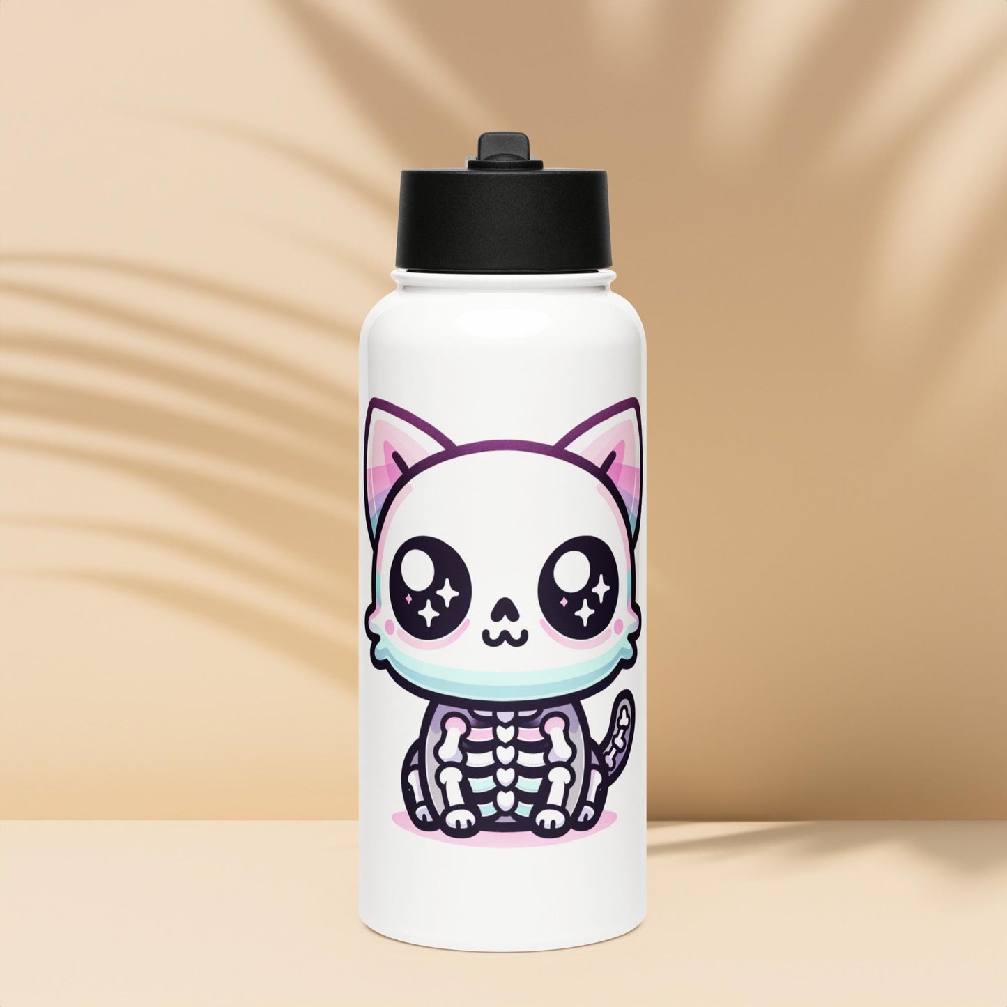 Creepy Cute Skeleton Weirdcore Pastel Grunge Kitty Cat Tumbler Stainless Steel Water Bottle with Straw & Lid