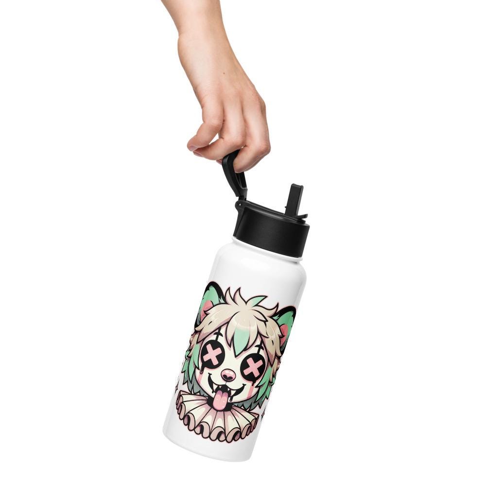 Creepy Cute Weirdcore Gore Hyena Clown Clowncore Grunge Pastel Goth White Stainless Steel Water Bottle with Straw & Lid
