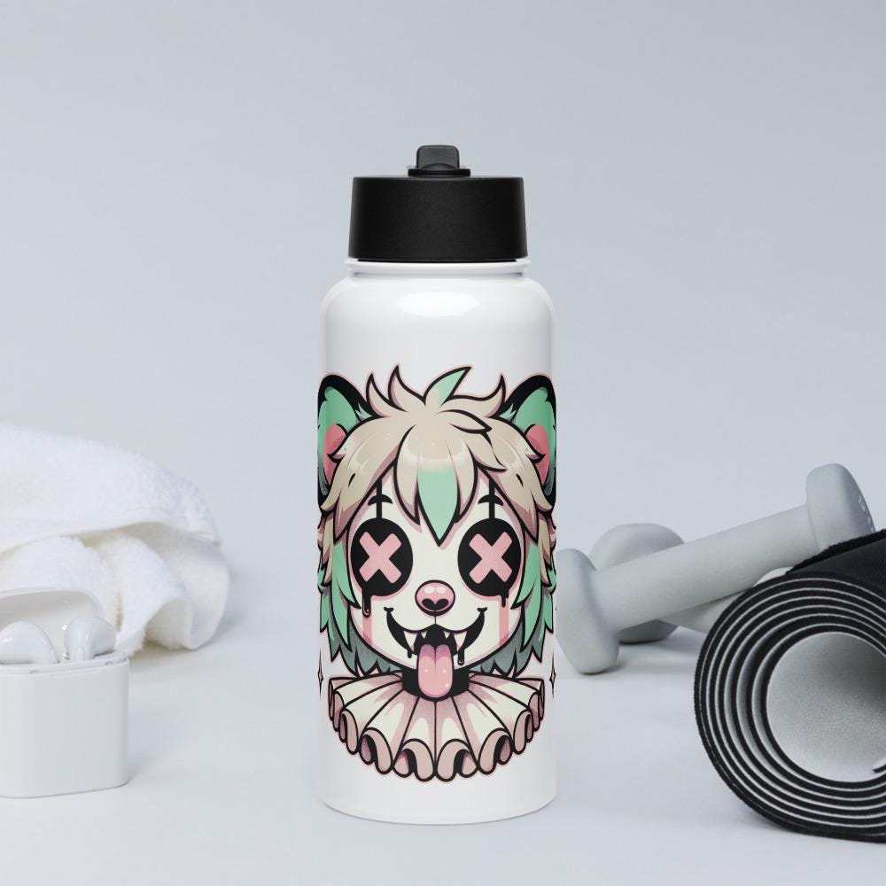 Creepy Cute Weirdcore Gore Hyena Clown Clowncore Grunge Pastel Goth White Stainless Steel Water Bottle with Straw & Lid