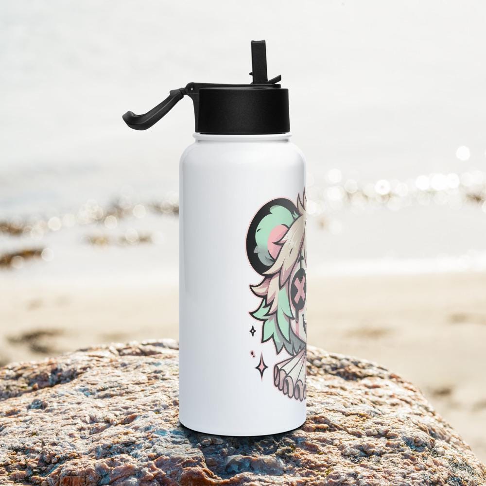 Creepy Cute Weirdcore Gore Hyena Clown Clowncore Grunge Pastel Goth White Stainless Steel Water Bottle with Straw & Lid