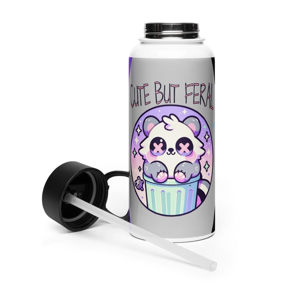 Cute But Feral Weirdcore Raccoon Pastel Grunge Goth Tumbler Stainless Steel Water Bottle with Straw & Lid