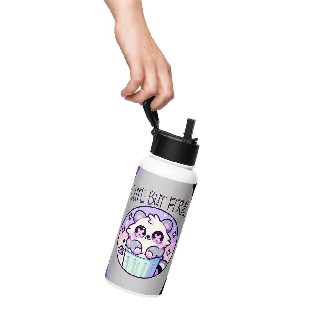 Cute But Feral Weirdcore Raccoon Pastel Grunge Goth Tumbler Stainless Steel Water Bottle with Straw & Lid