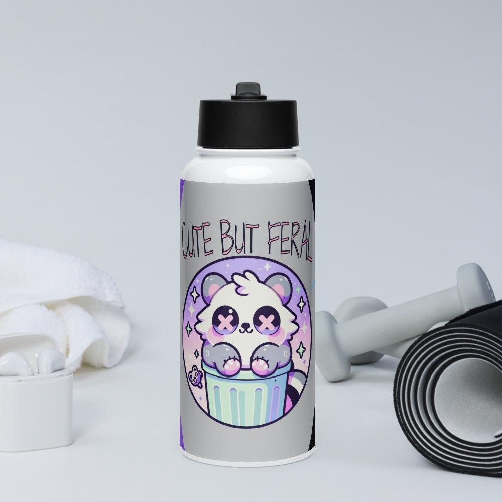 Cute But Feral Weirdcore Raccoon Pastel Grunge Goth Tumbler Stainless Steel Water Bottle with Straw & Lid