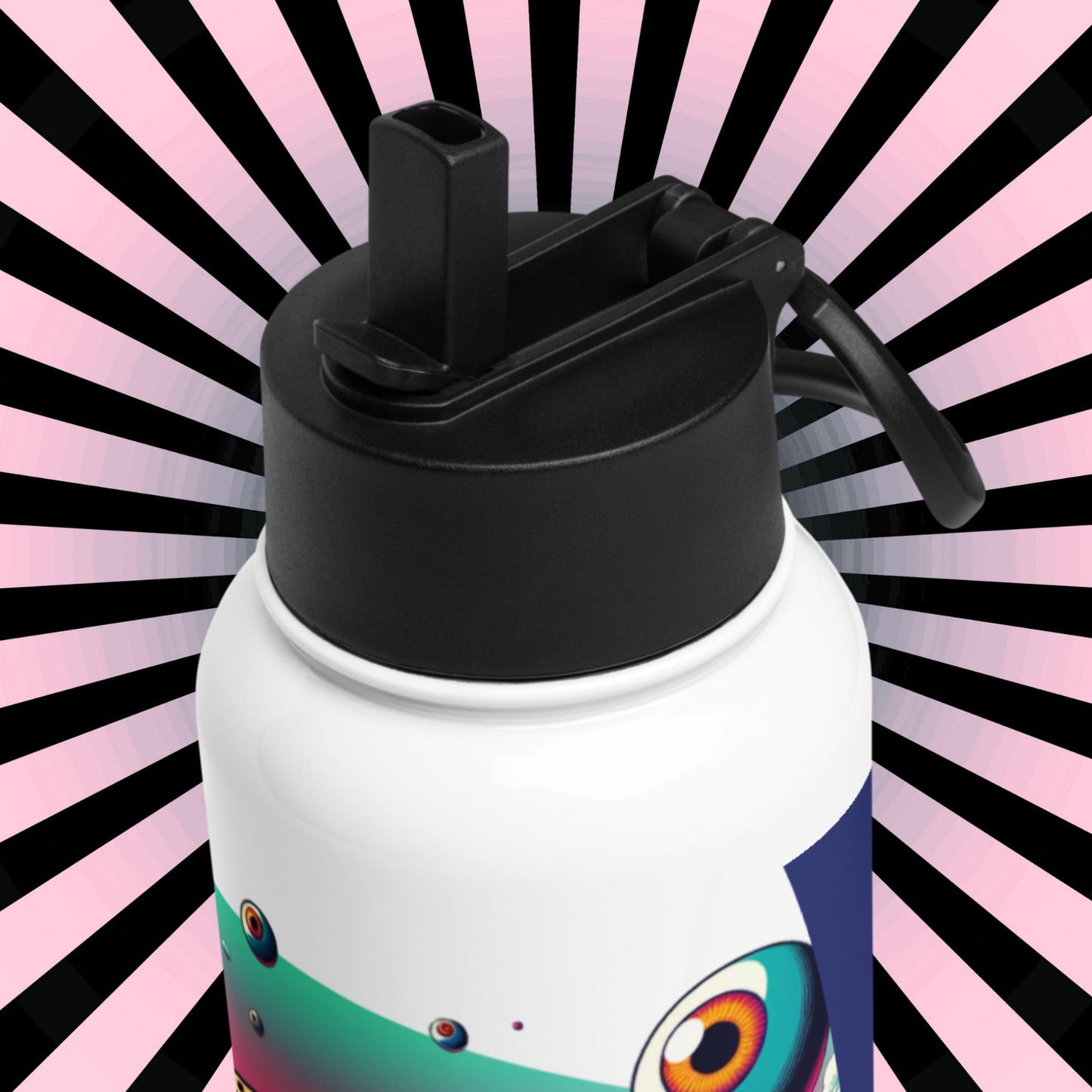 Creepy Weirdcore Hyena Floating Eyeballs Stainless Steel Water Bottle with Straw & Lid