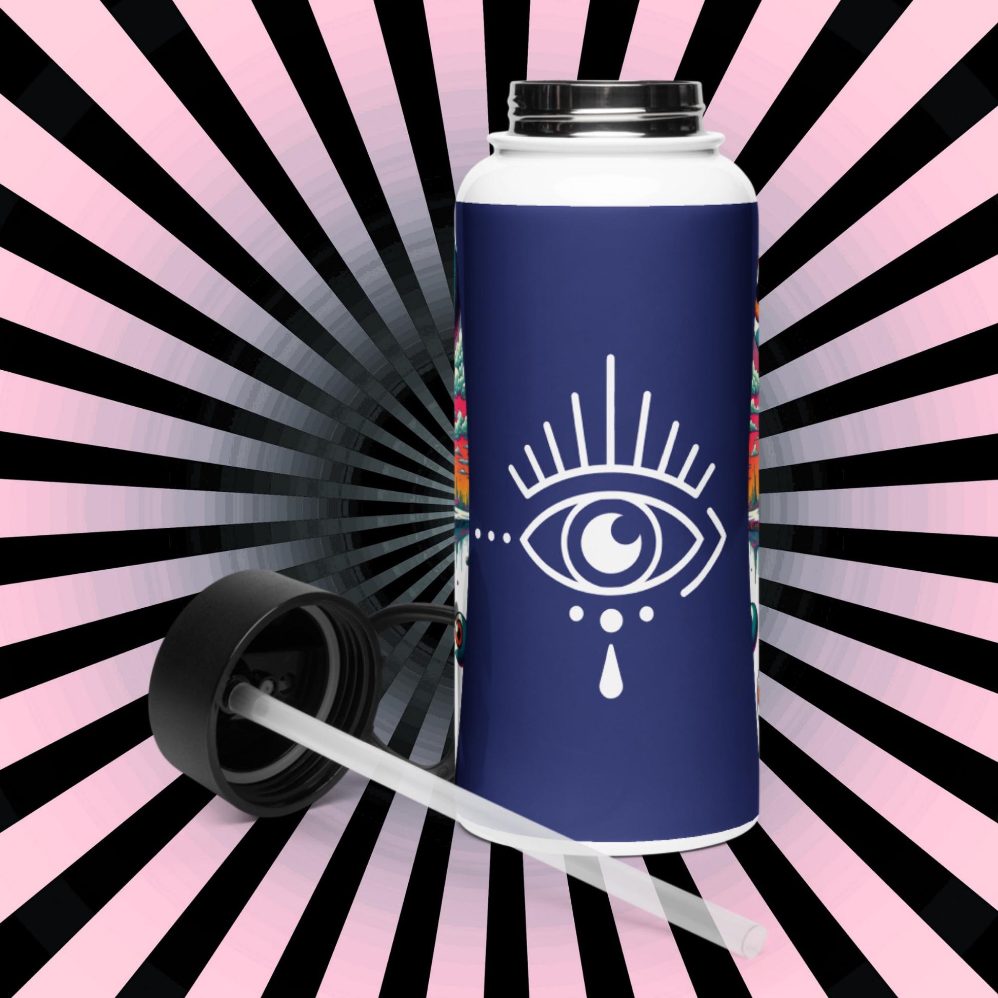 Creepy Weirdcore Hyena Floating Eyeballs Stainless Steel Water Bottle with Straw & Lid