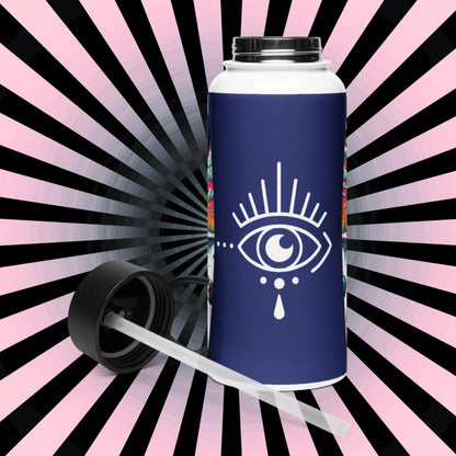 Creepy Weirdcore Hyena Floating Eyeballs Stainless Steel Water Bottle with Straw & Lid