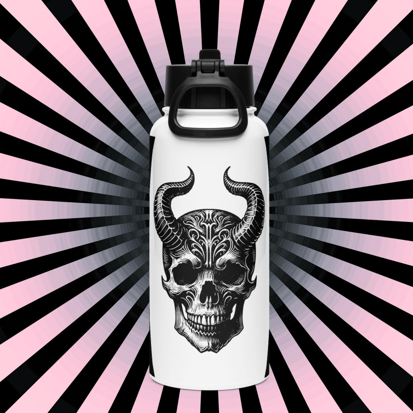 Darkcore Gothic Horned Skull Tumbler Stainless Steel Water Bottle with Straw & Lid