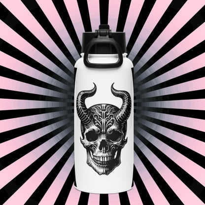Darkcore Gothic Horned Skull Tumbler Stainless Steel Water Bottle with Straw & Lid