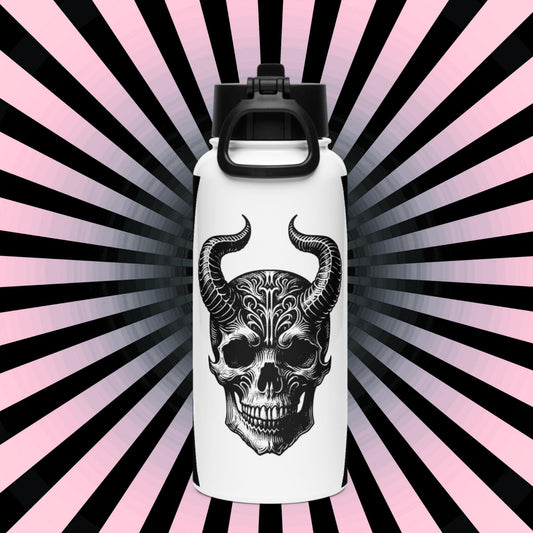 Darkcore Gothic Horned Skull Tumbler Stainless Steel Water Bottle with Straw & Lid