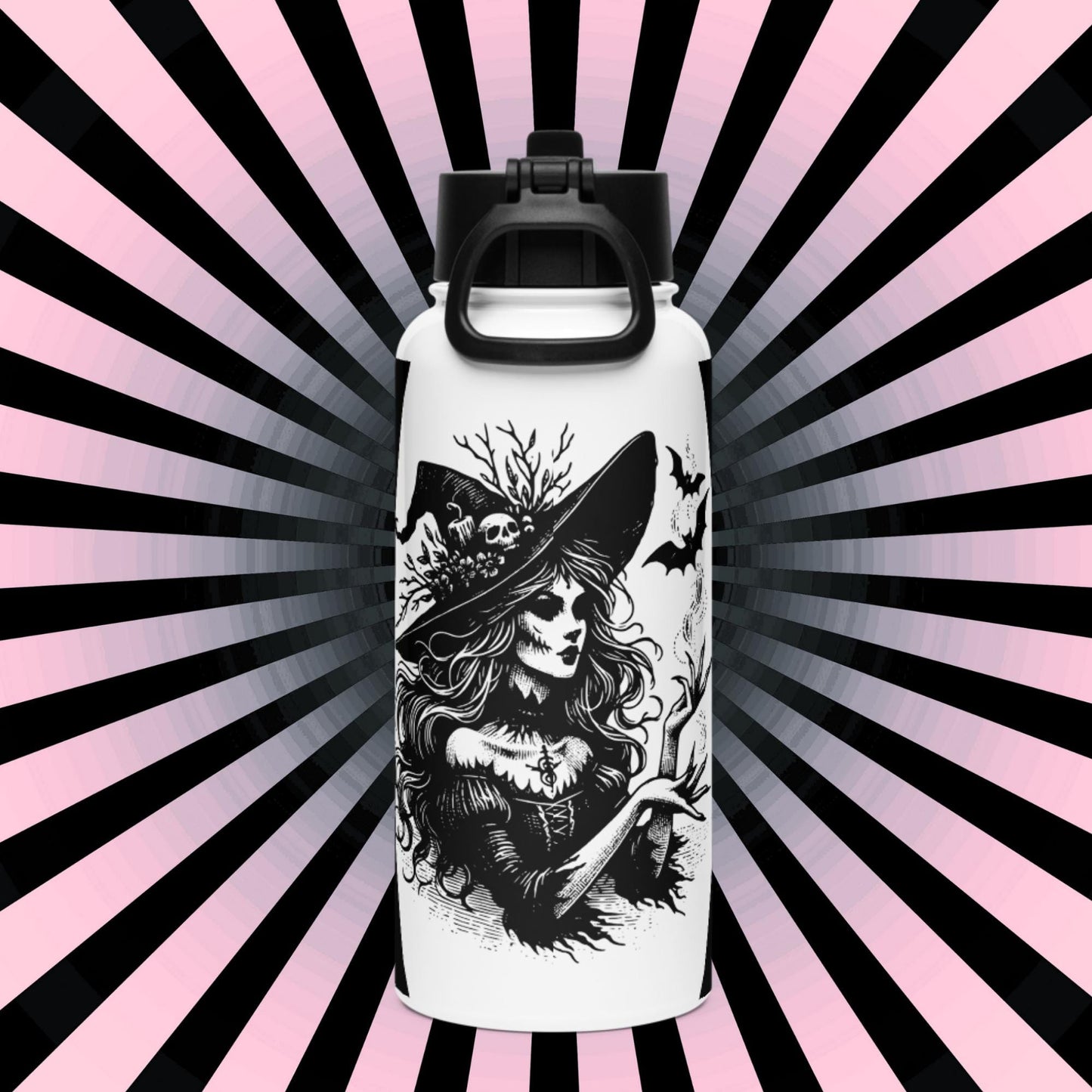 Spooky Grunge Goth Witch and Bats Weirdcore Tumbler Stainless Steel Water Bottle with Straw & Lid