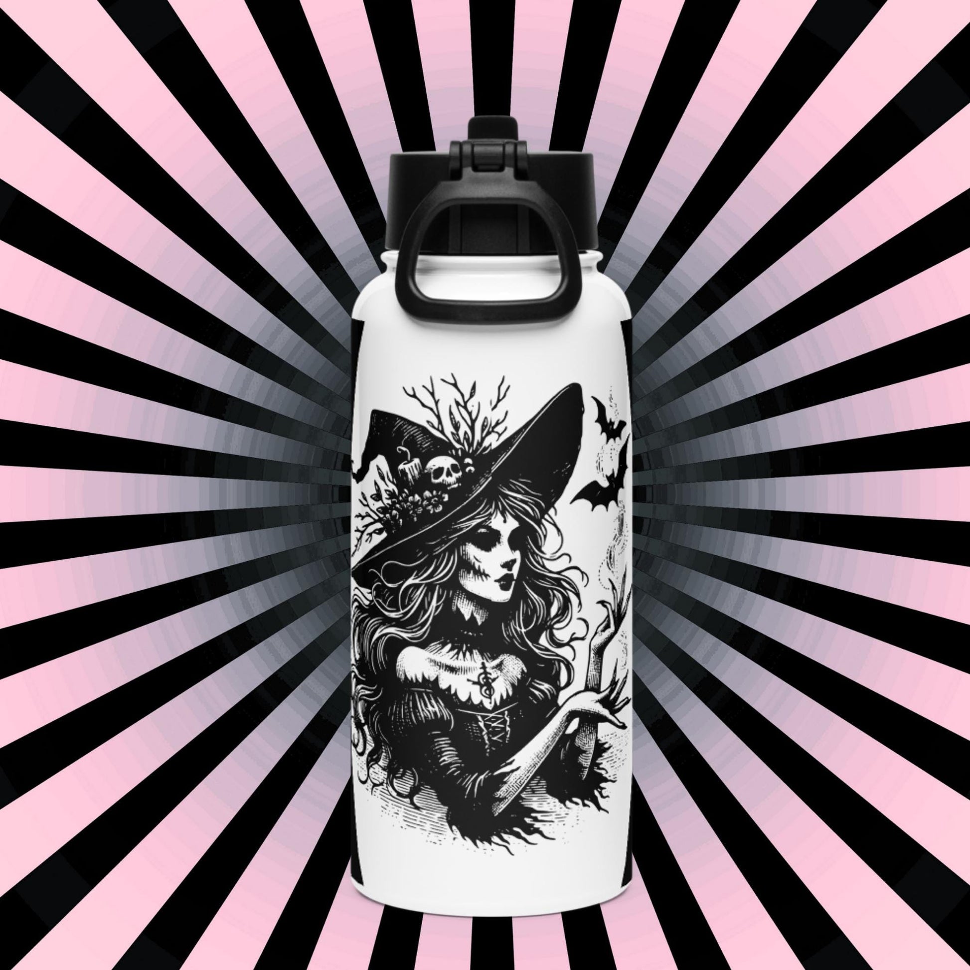 Spooky Grunge Goth Witch and Bats Weirdcore Tumbler Stainless Steel Water Bottle with Straw & Lid