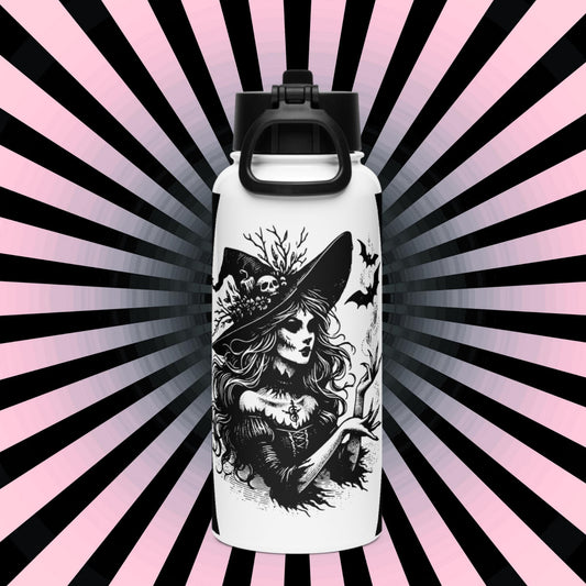 Spooky Grunge Goth Witch and Bats Weirdcore Tumbler Stainless Steel Water Bottle with Straw & Lid
