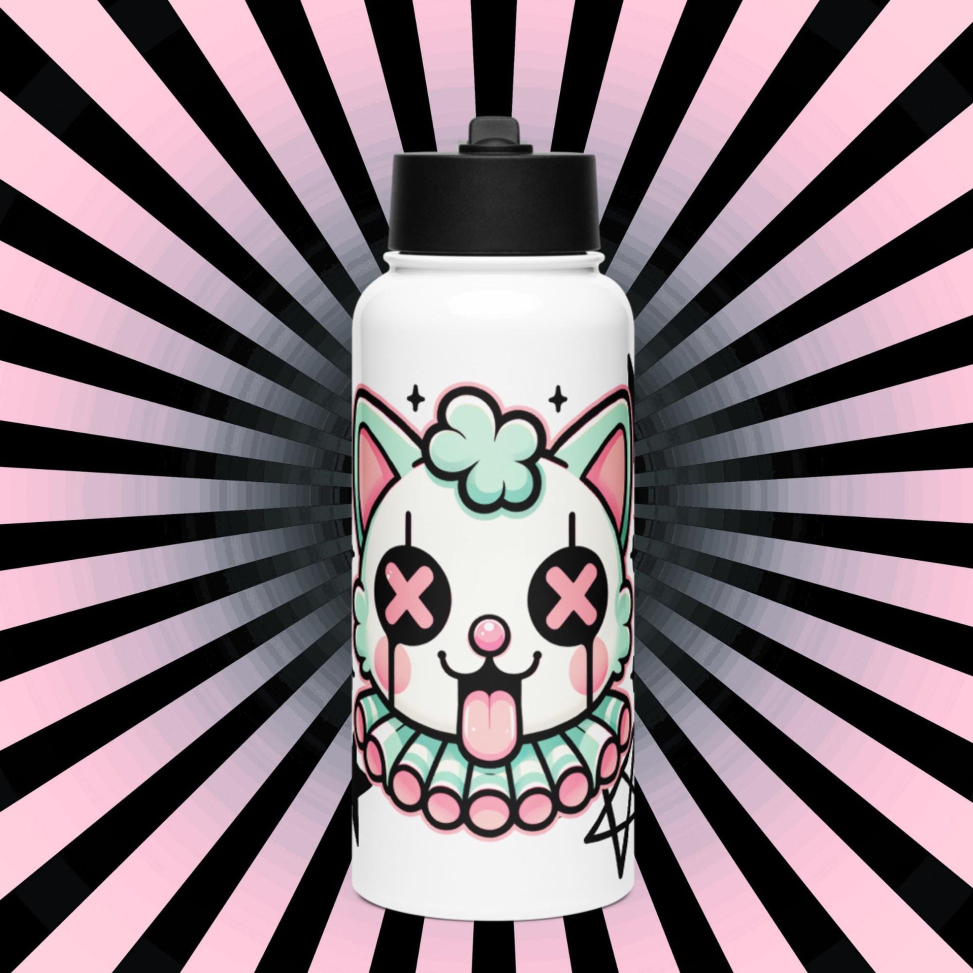 Creepy Cute Weirdcore Clown Kitty Grunge Kidcore Tumbler Stainless Steel Water Bottle with Straw & Lid