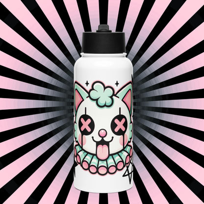 Creepy Cute Weirdcore Clown Kitty Grunge Kidcore Tumbler Stainless Steel Water Bottle with Straw & Lid