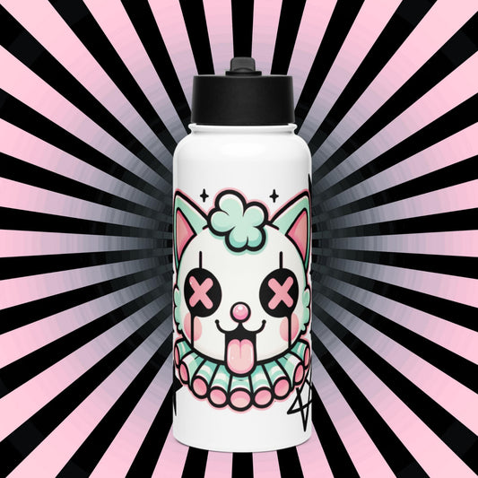 Creepy Cute Weirdcore Clown Kitty Grunge Kidcore Tumbler Stainless Steel Water Bottle with Straw & Lid