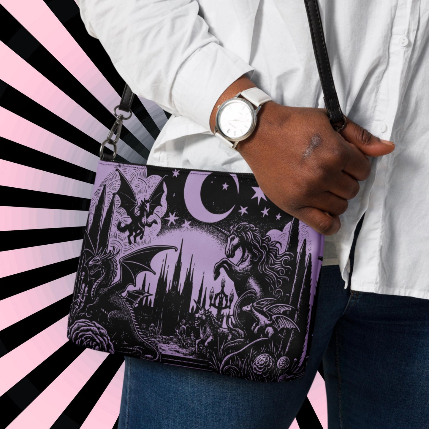 Purple Pastel Goth Scene Dragon Unicorn Clutch Bag Gothic Grunge Purse Crossbody Bag