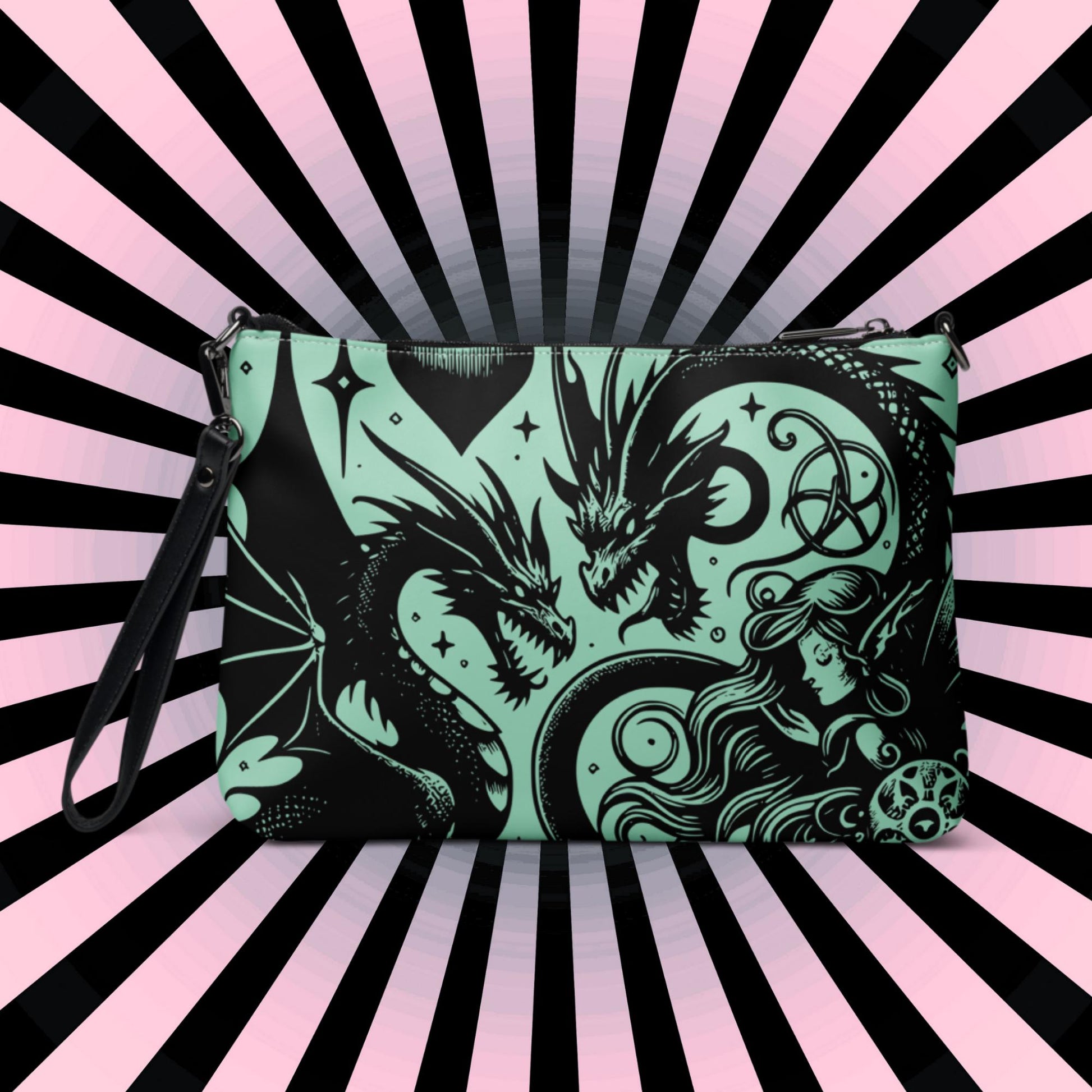 Aqua Goth Skulls Fairy and Dragons Weirdcore Dreamscape Punkrock Clutch Bag Gothic Grunge Purse Crossbody Bag