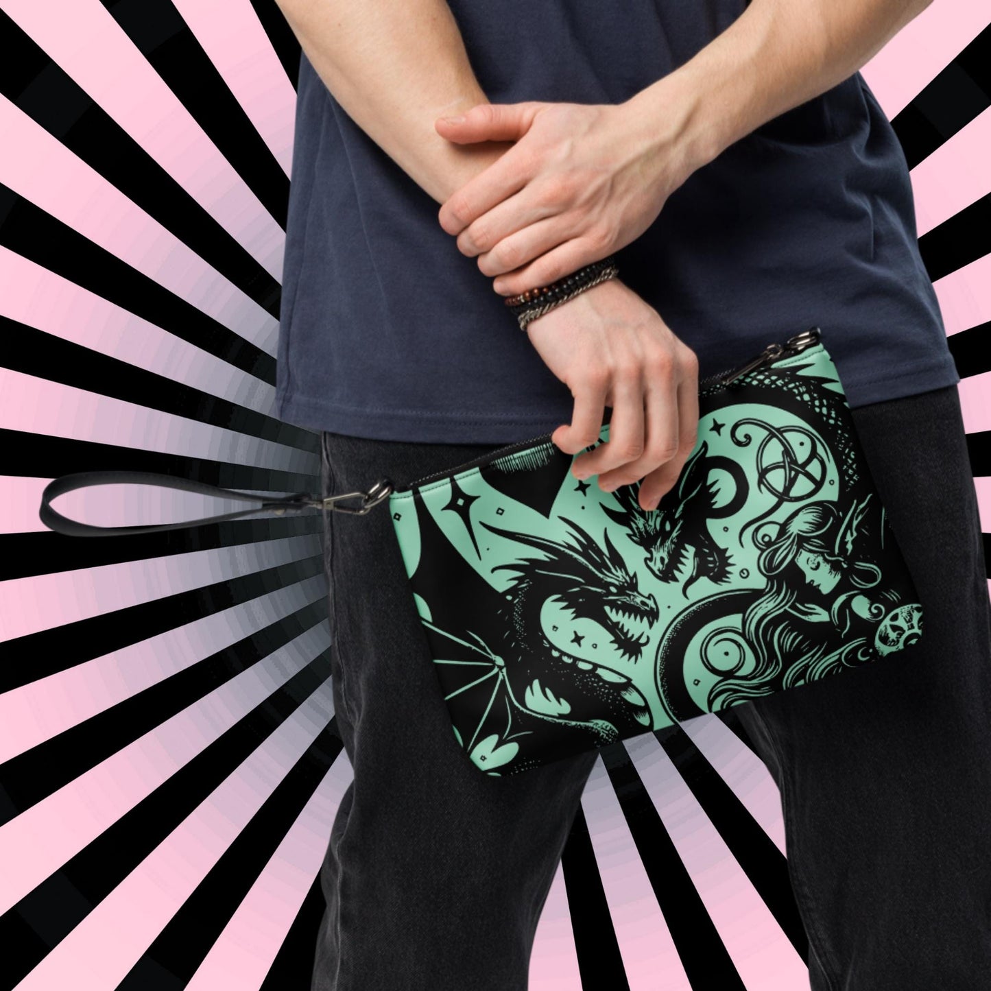 Aqua Goth Skulls Fairy and Dragons Weirdcore Dreamscape Punkrock Clutch Bag Gothic Grunge Purse Crossbody Bag