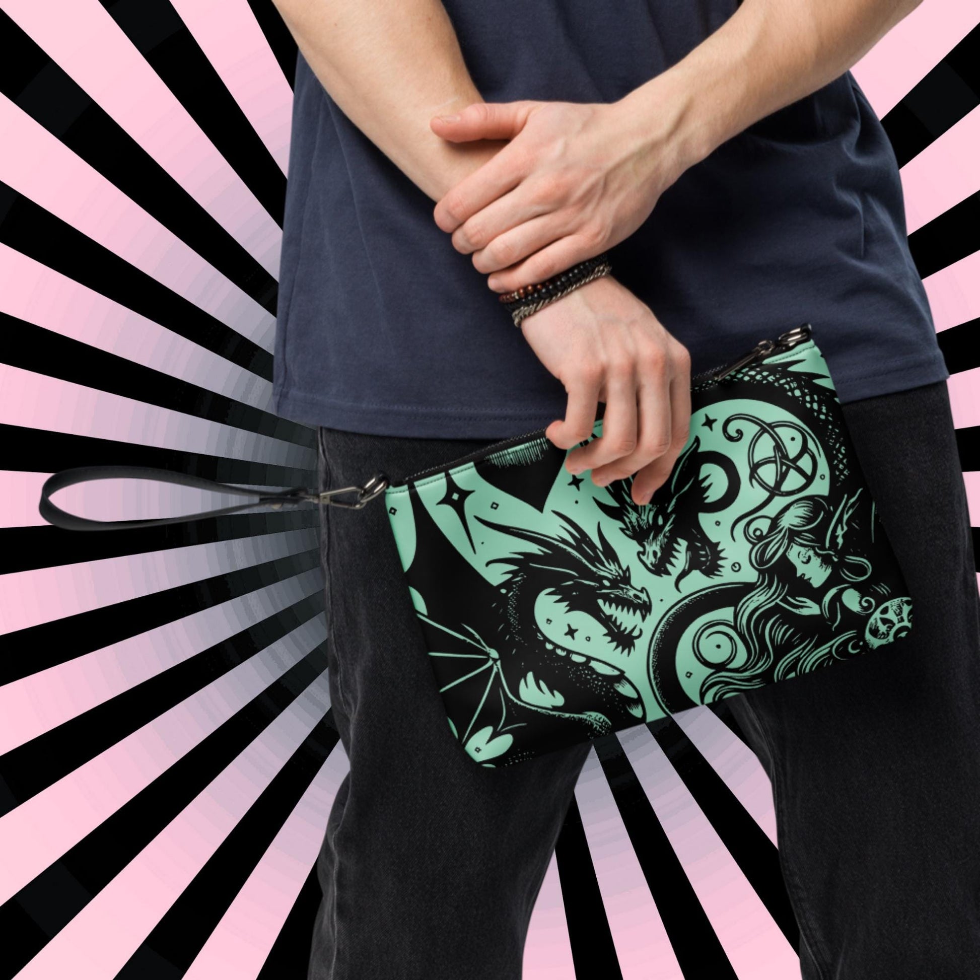 Aqua Goth Skulls Fairy and Dragons Weirdcore Dreamscape Punkrock Clutch Bag Gothic Grunge Purse Crossbody Bag