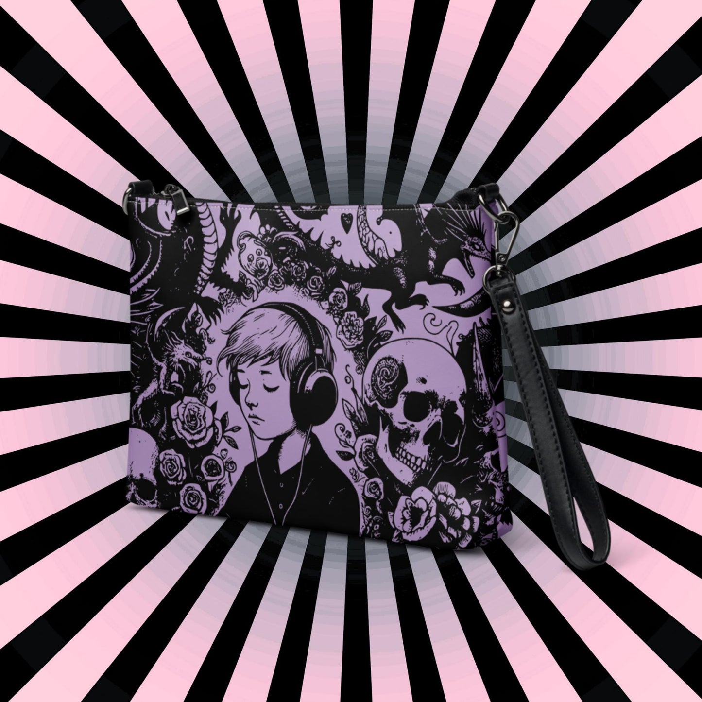 Purple Pastel Goth Kid Boy Drowning Out the Demons Weirdcore Dreamscape Punkrock Clutch Bag Gothic Grunge Purse Crossbody Bag
