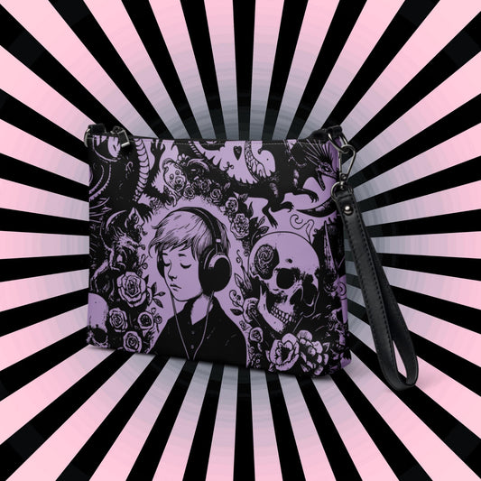 Purple Pastel Goth Kid Boy Drowning Out the Demons Weirdcore Dreamscape Punkrock Clutch Bag Gothic Grunge Purse Crossbody Bag