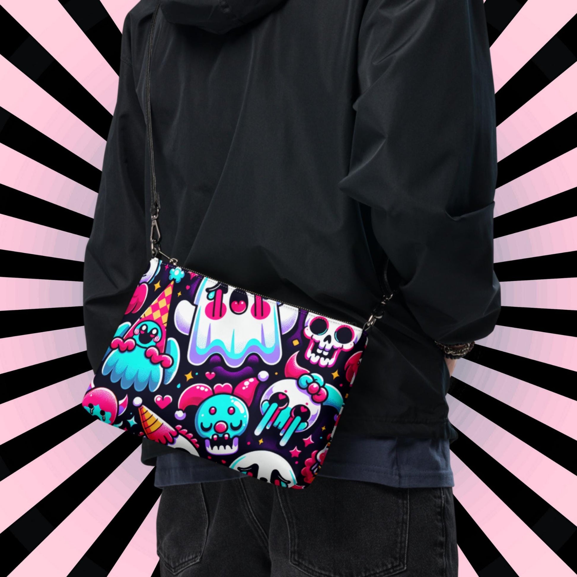 Clowncore Neon Goth Horror Punkrock Sugar Skulls Clowns Weirdcore Pastel Goth Grunge Clutch Purse Crossbody Bag