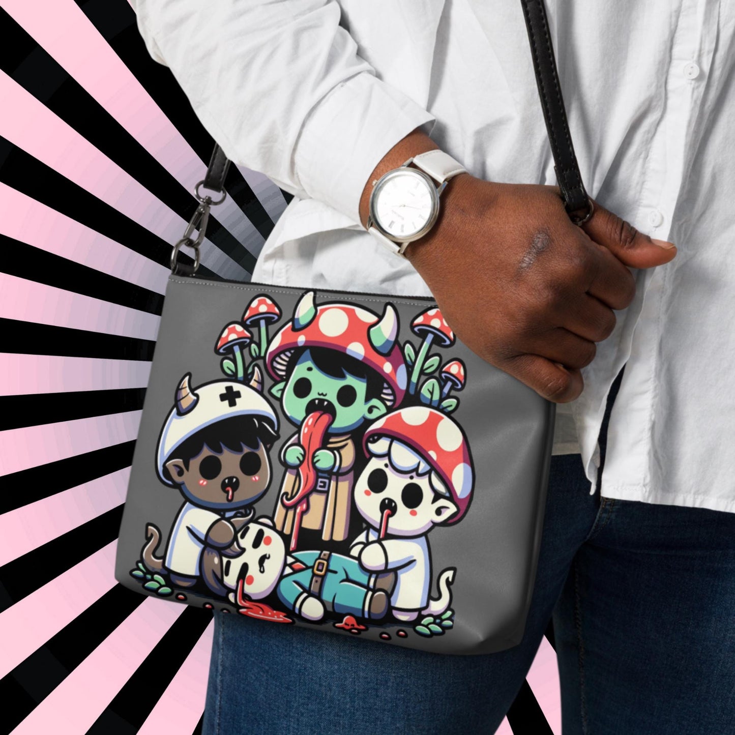 Grey Weirdcore Pastel Goth Scene Zombie Mushroom Kids Kidcore Clutch Bag Gothic Grunge Purse Crossbody Bag